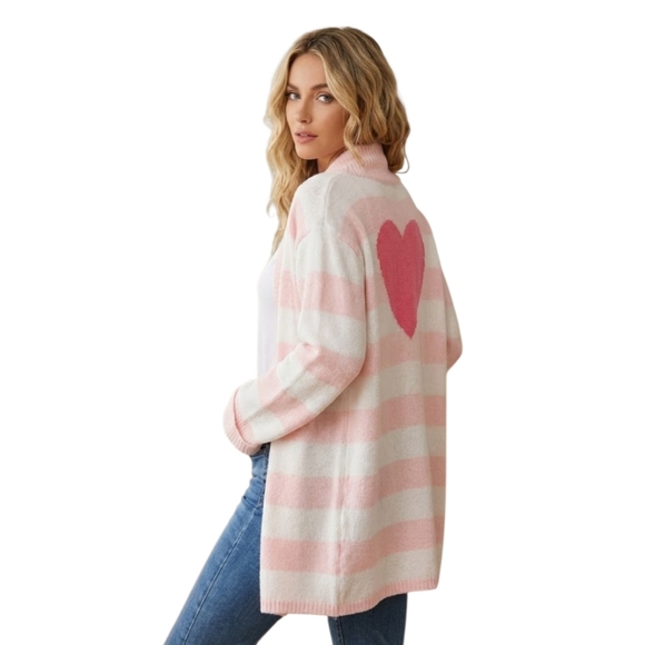 Betsey Johnson Sweaters - Betsey‎ Johnson Pink and White Striped Heart Cardigan Size Large